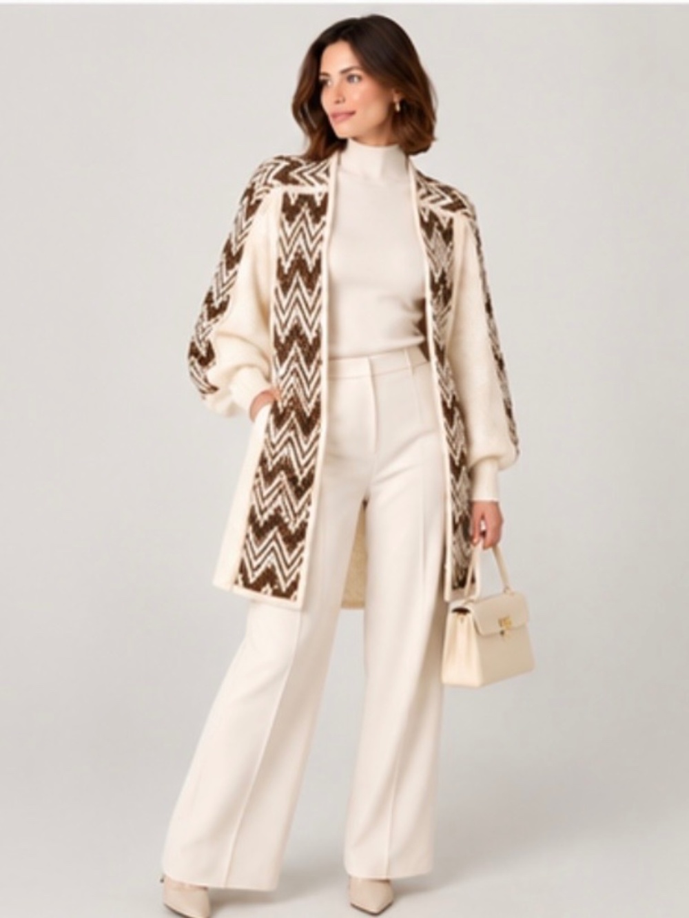 Vintage Nina Ricci Pearl Beaded Chevron Knit Long Cardigan Ivory M/L